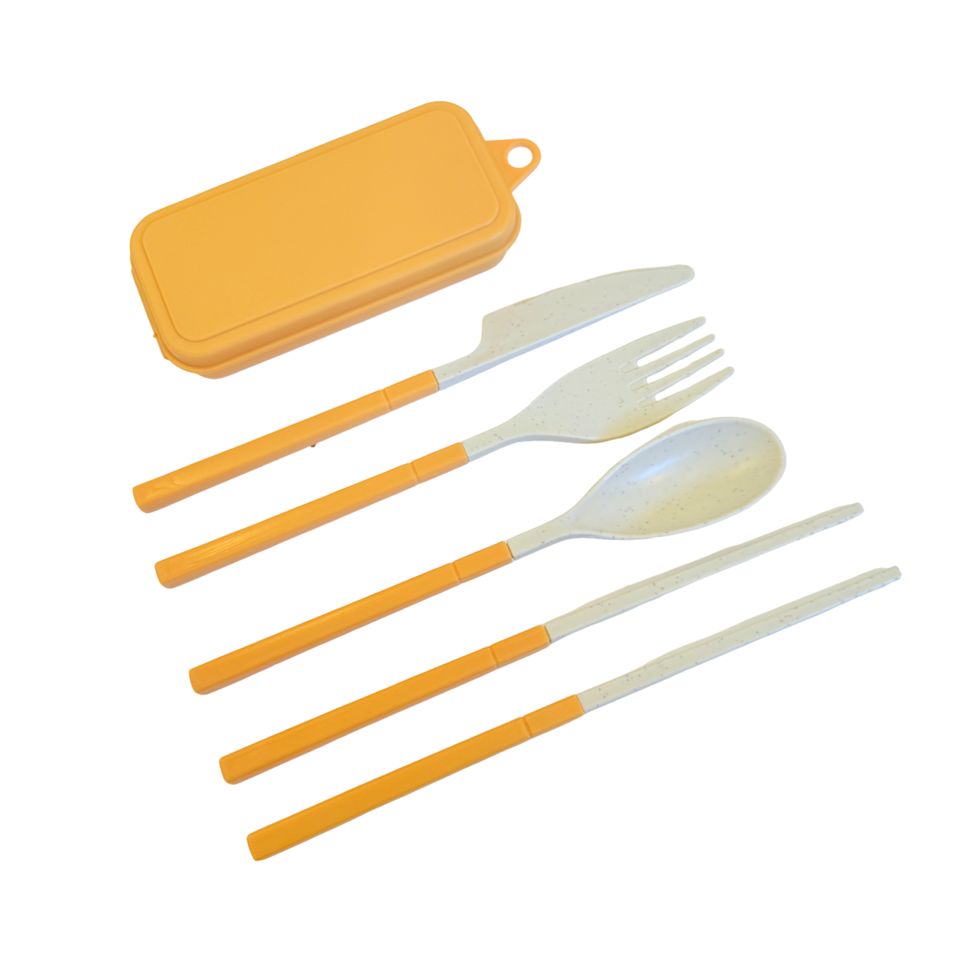 Assembled yellow portable cutlery set with a matching storage case, including a spoon, fork, knife, and a set of chopsticks.