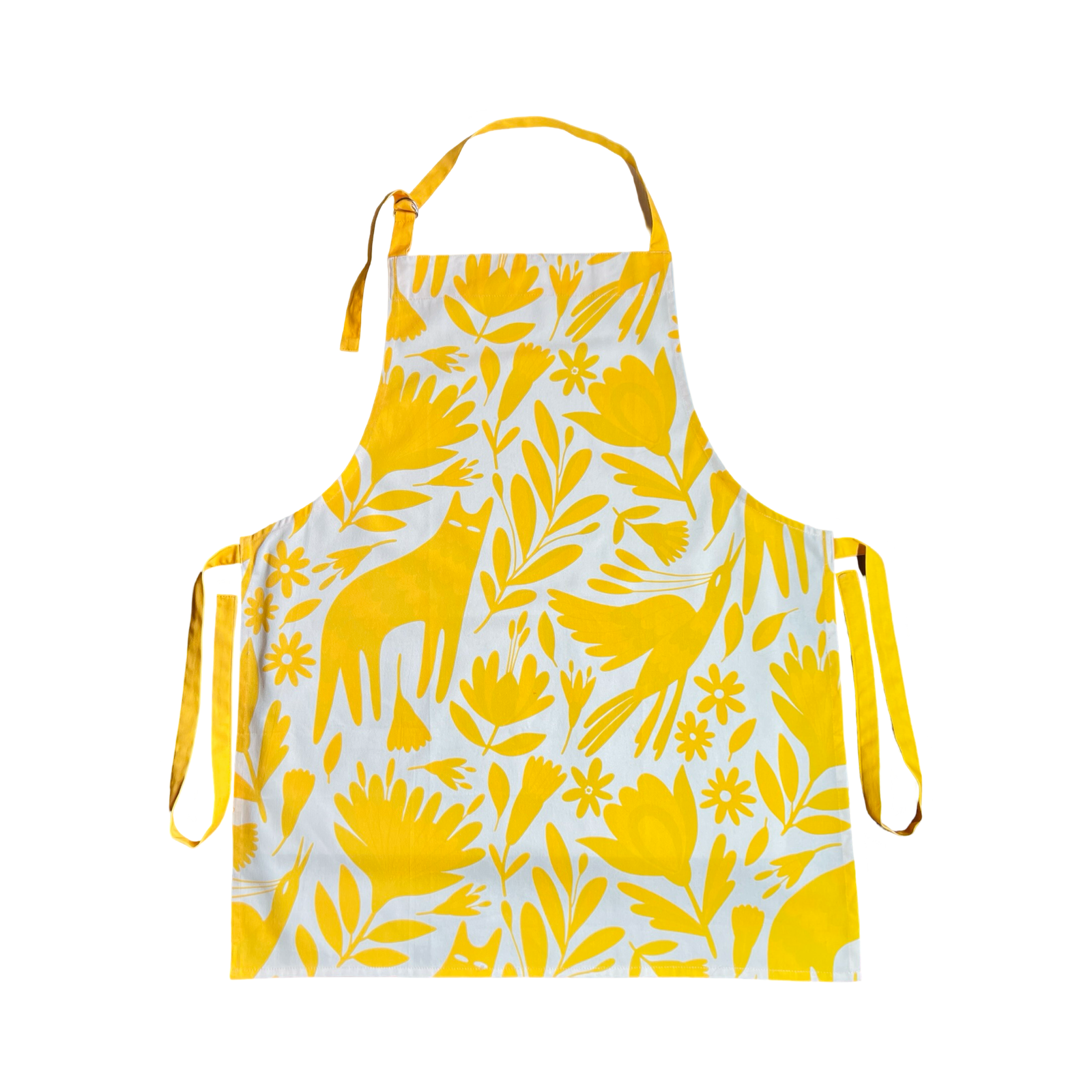 Apron featuring a yellow Mexican otomi design with yellow neck and waist ties.