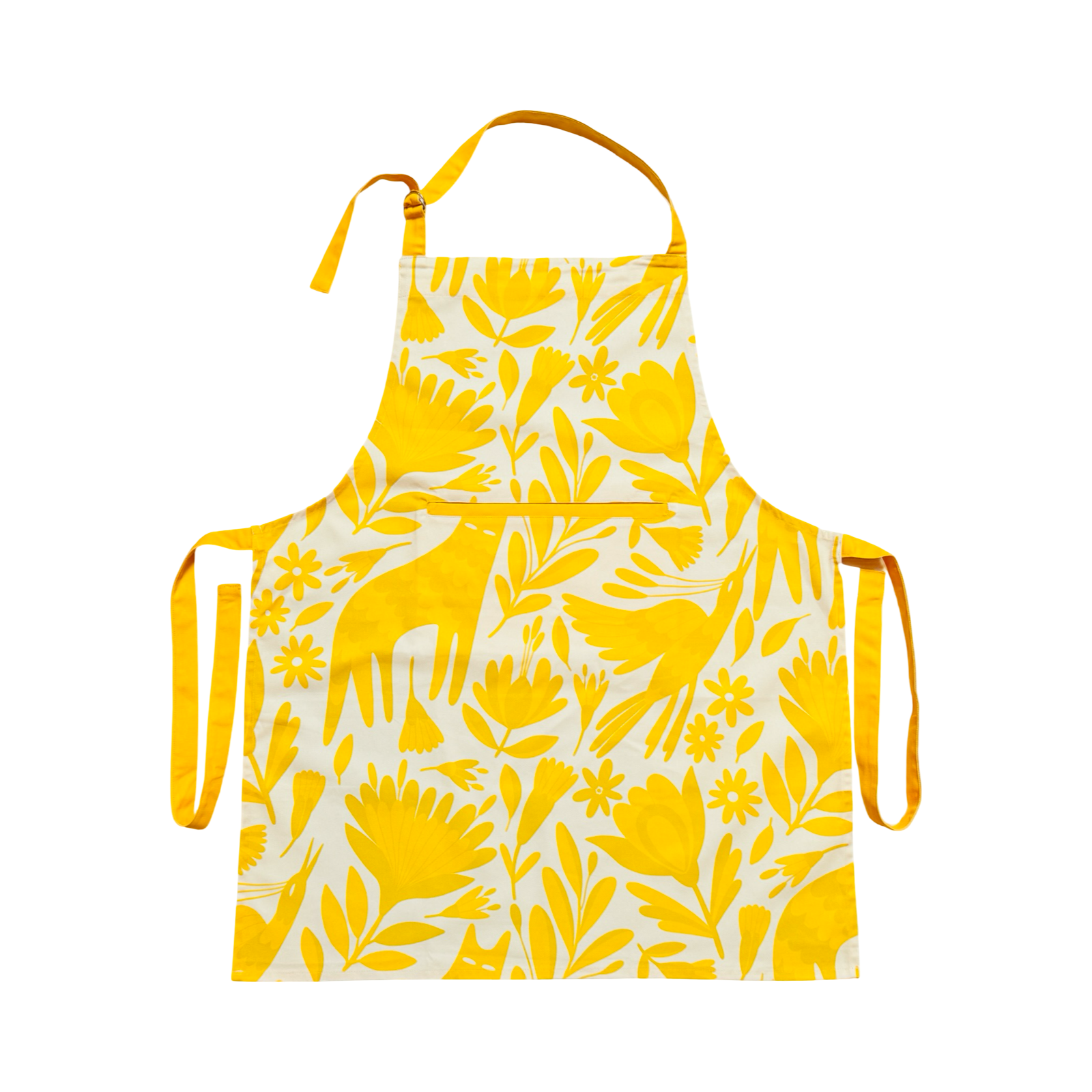 Apron featuring a yellow Mexican otomi design with front pocket, yellow neck and waist ties.