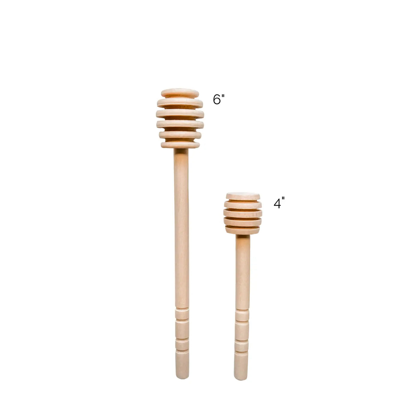 set of wooden honey dippers with the size annotated on the top of the dipper