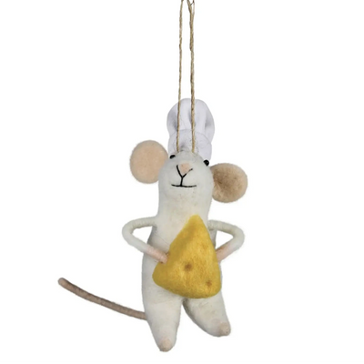 Handcrafted felt mouse ornament wearing a chef hat and holding a yellow felt cheese wedge, hanging from a twine loop.