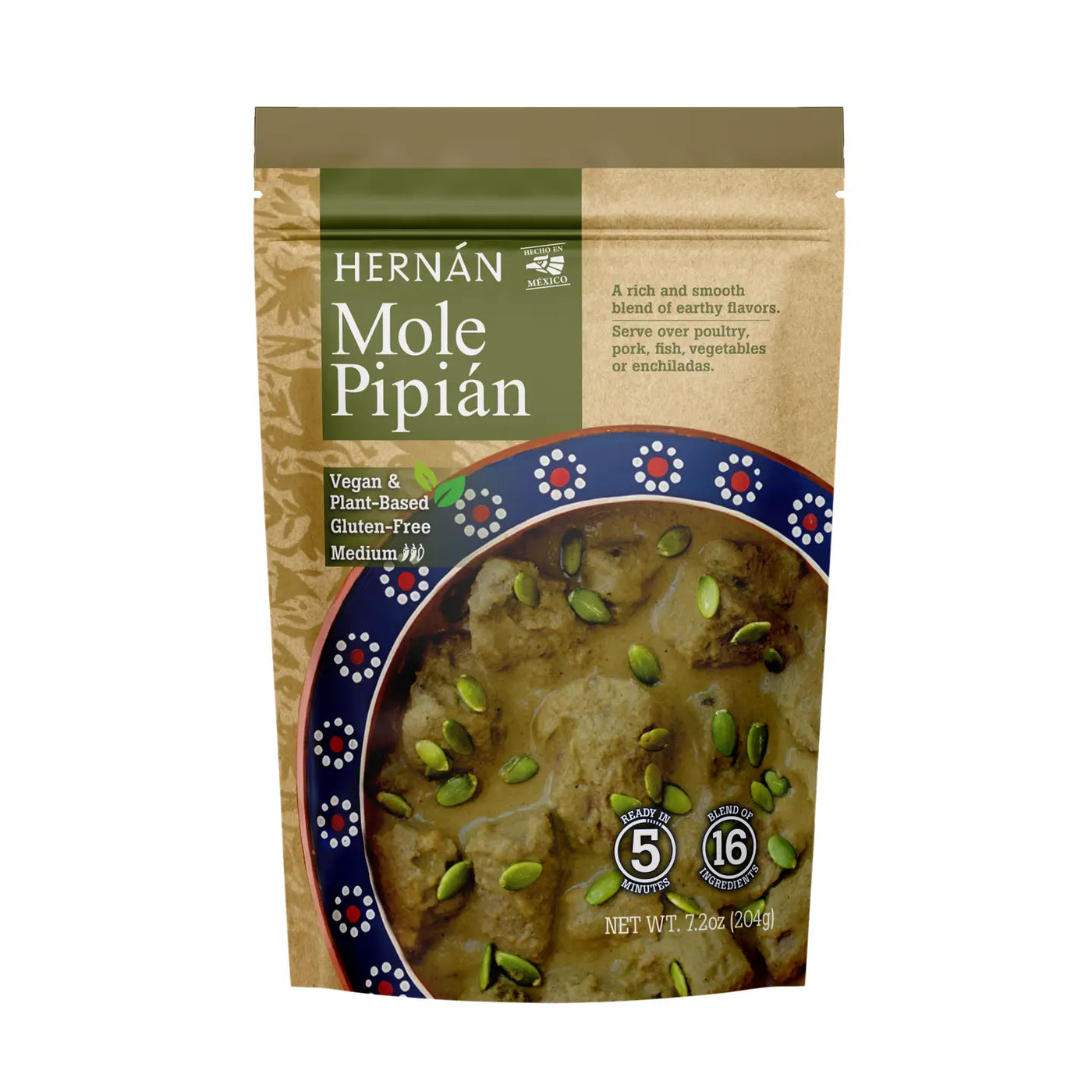 branded 7.2 oz pouch of mole pipian featuring a plate of the mole with some pumpkin seeds