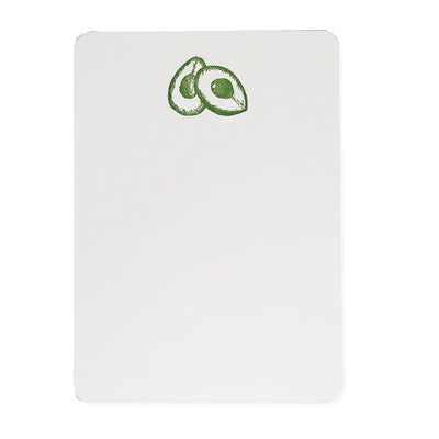 white card with a pair of avocado halves on the top