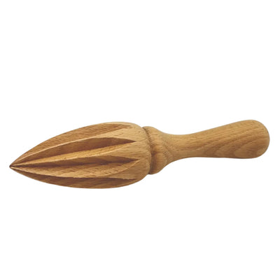 Wooden citrus juicer made from beech wood, featuring a ridged pointed tip for efficient juice extraction and a smooth ergonomic handle