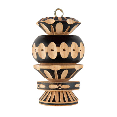 Handcrafted wooden molinillo ornament with black and natural wood designs, featuring intricate patterns and a loop for hanging.