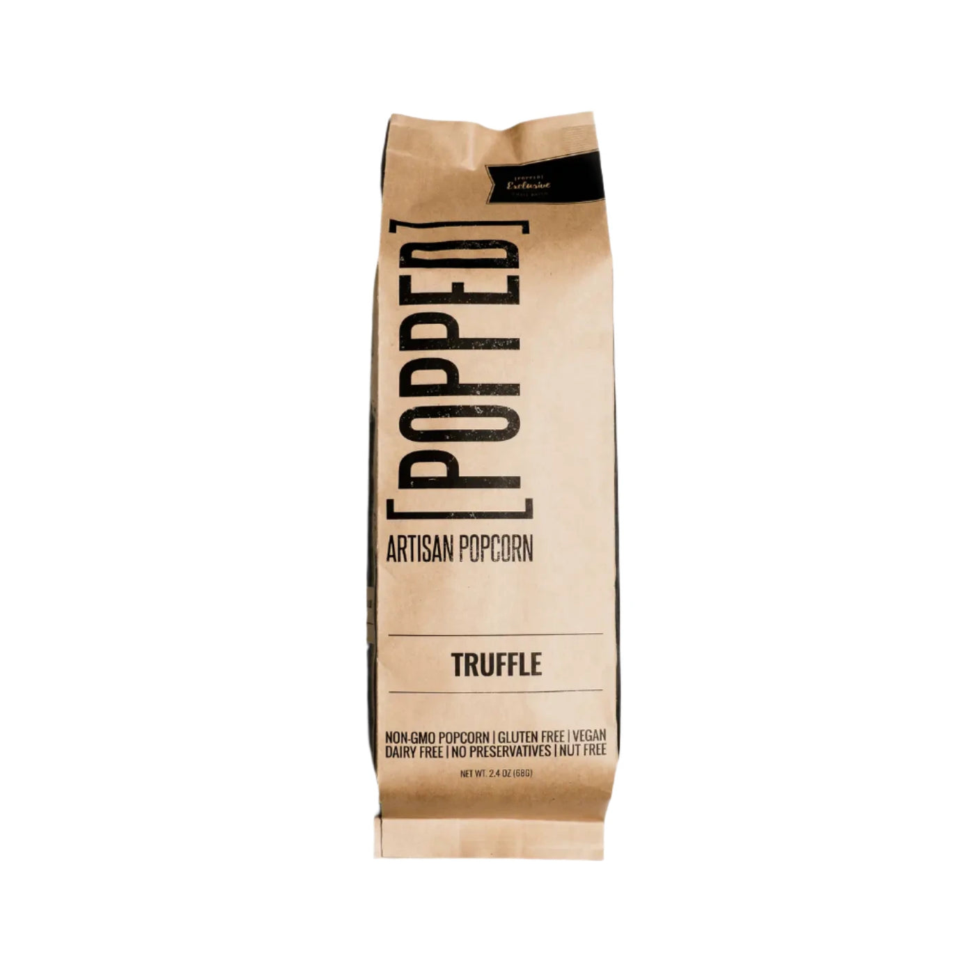 2.4 oz brown and black kraft bag of truffle artisan popcorn with black branded font.