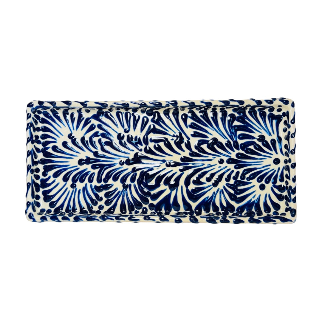 top view of a blue and white Puebla design rectangular ceramic tray