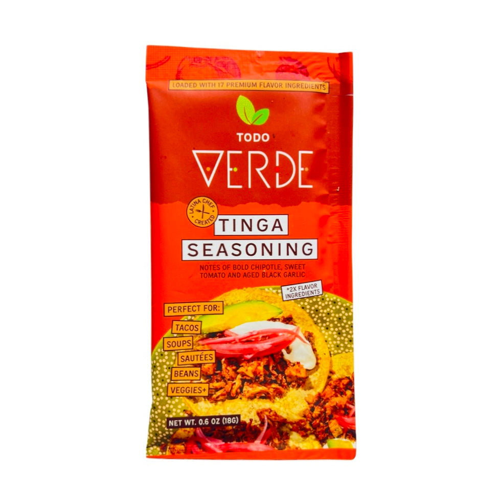 0.6 oz of Todo Verde Tinga vegan seasoning in a orange packet.