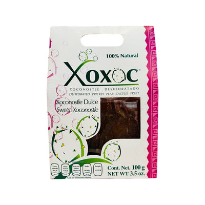 3.5 oz fuschia and white bag of cooked xoconostle snacks. package features an image of a cactus with prickly pears