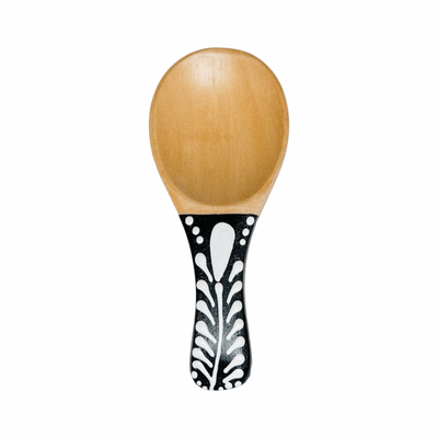 mini wooden spoon with a black and white hand painted handle.