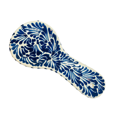white and blue Puebla design ceramic spoon rest