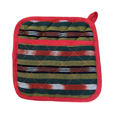 square pot holder with a pocket with a green, black and burnt orange striped design.