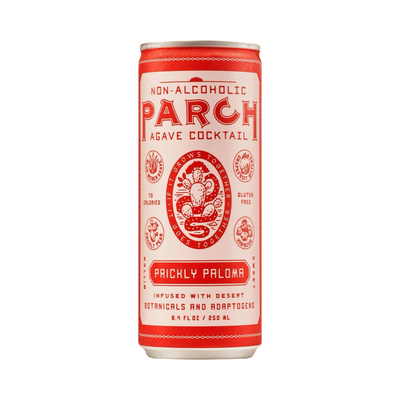 8.4 fl oz red and light pink branded can of non-alcoholic agave cocktail that features an illustration of a snake weaving thru a cactus