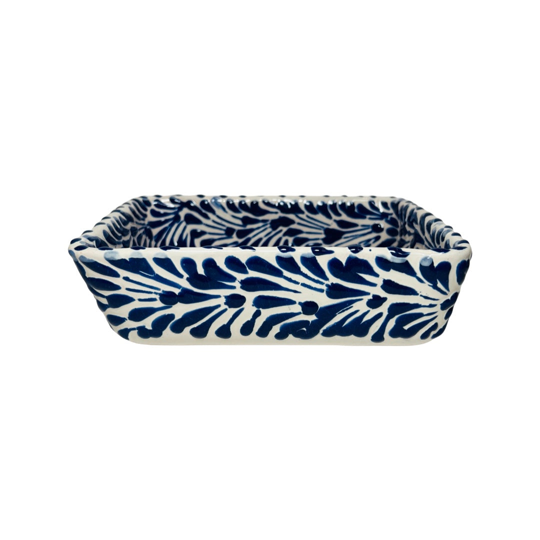 side view blue and white Puebla design ceramic dish