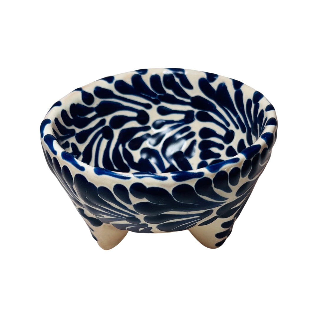 top view of a blue and white Puebla design ceramic salsero