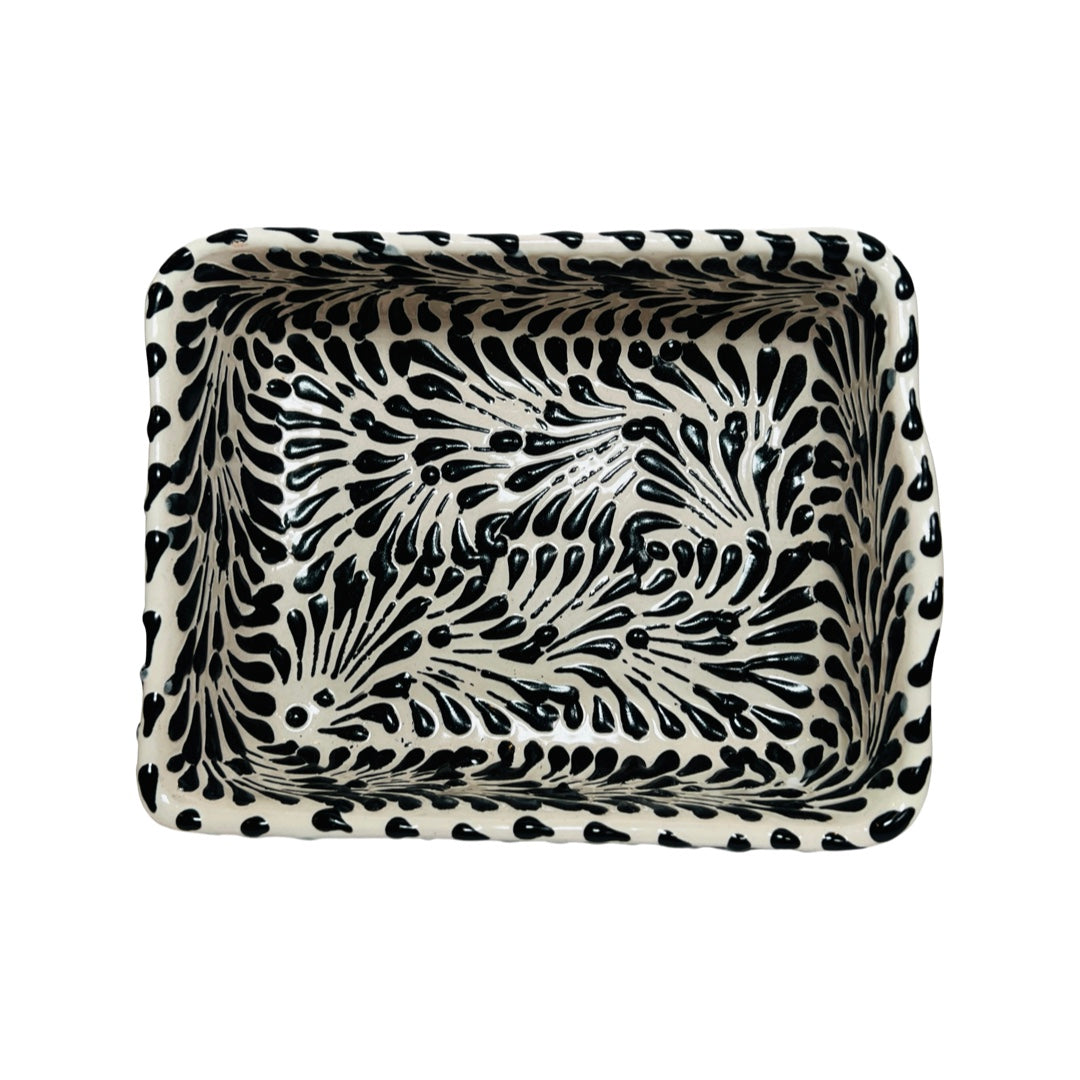 top view black and white Puebla design ceramic dish