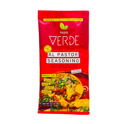 0.6 oz of Todo Verde Al Pastor vegan seasoning in a red packet.