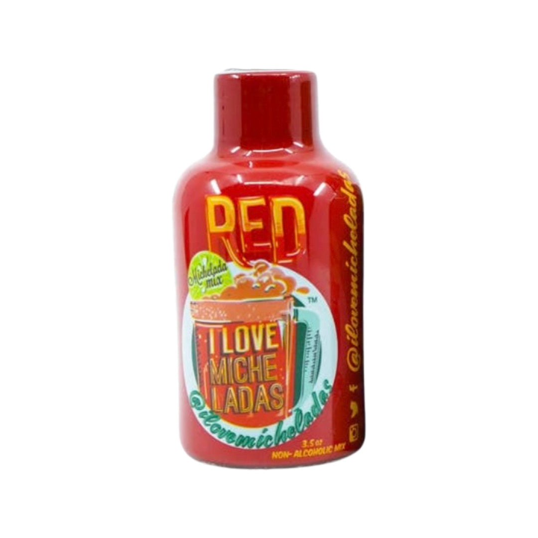 3.5 oz small bottle of michelada mix in red branded labeling