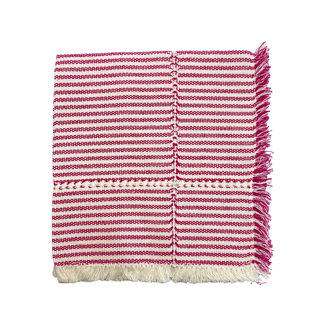 Fuschia and natural striped Handwoven Cotton Napkin quarter folded