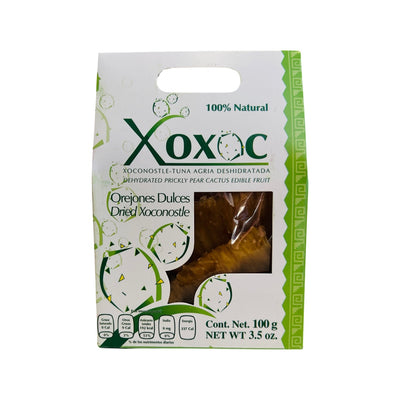 3.5 oz green and white bag of dehydrated xoconostle snacks. package features an image of a cactus with prickly pears