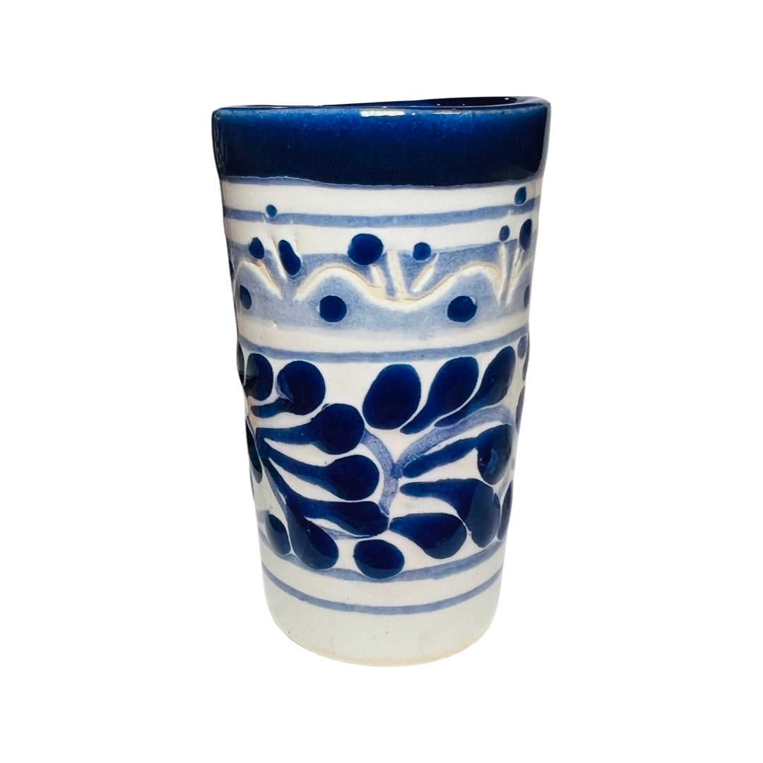 white and blue Puebla designed shot glass