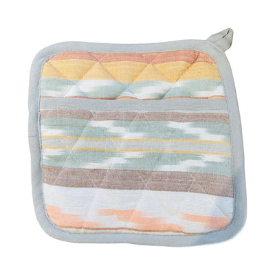 square pot holder with a pocket with a pastel green, brown and white striped design.