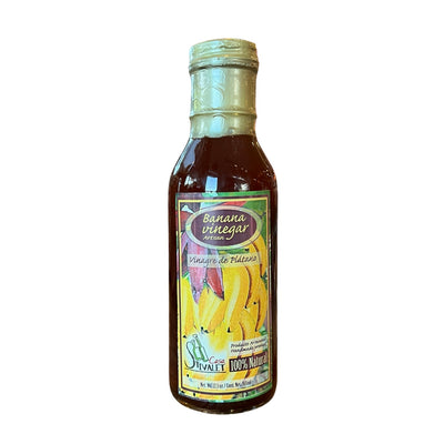 12.3 fl oz clear bottle of banana vinegar with a branded label that features an image of bananas