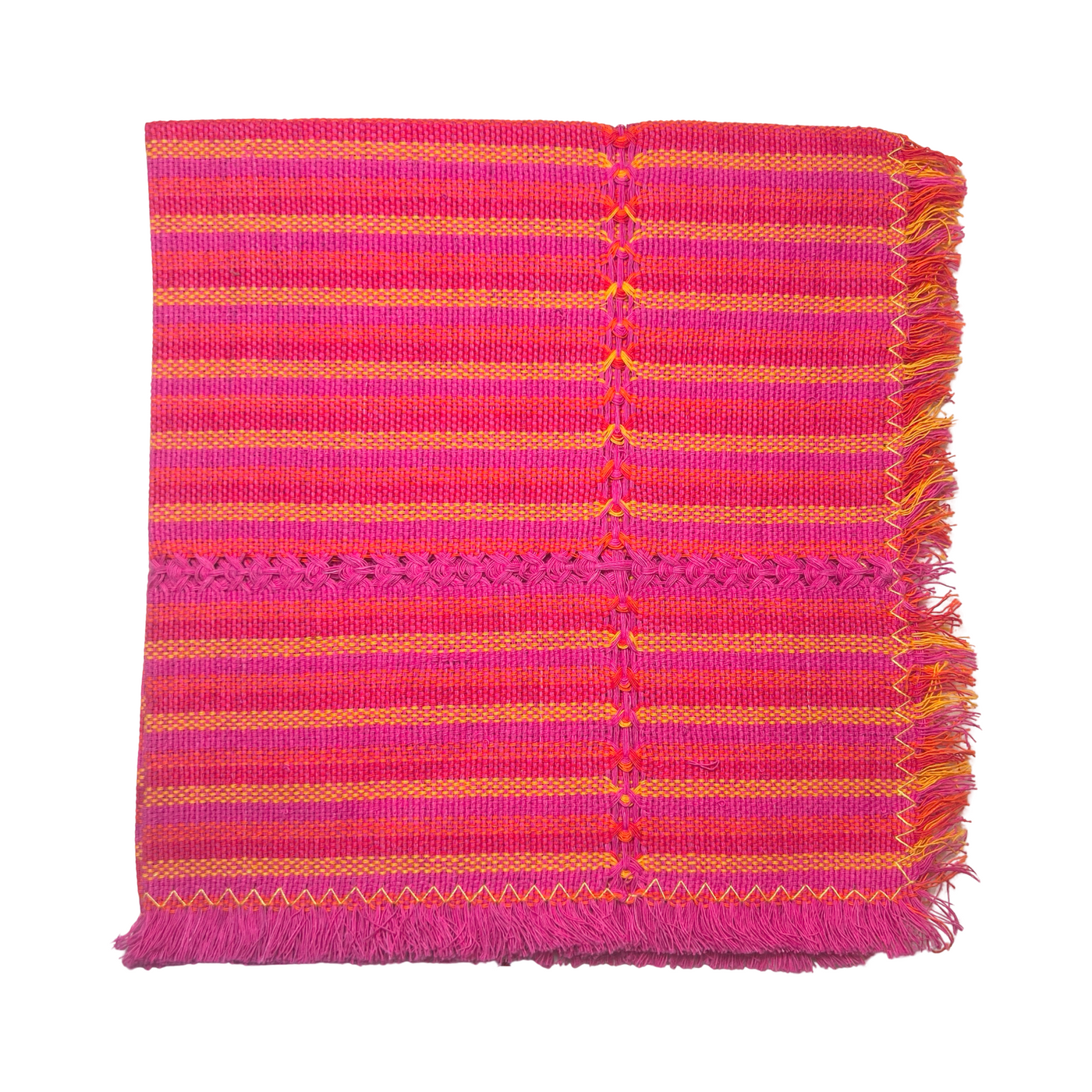 pink and orange striped handwoven napkin folded in quarters