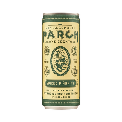 8.4 fl oz green and yellow branded can of non-alcoholic agave cocktail that features an illustration of a lizard weaving thru an agave plant