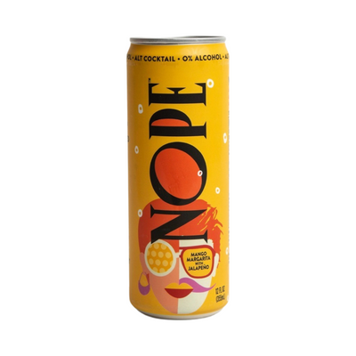 12 fl oz yellow can with an illustration that is half woman and half man with the brand name in black lettering