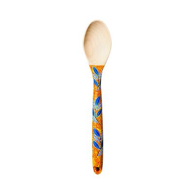 wooden spoon with a orange painted handle that features a yellow and blue design