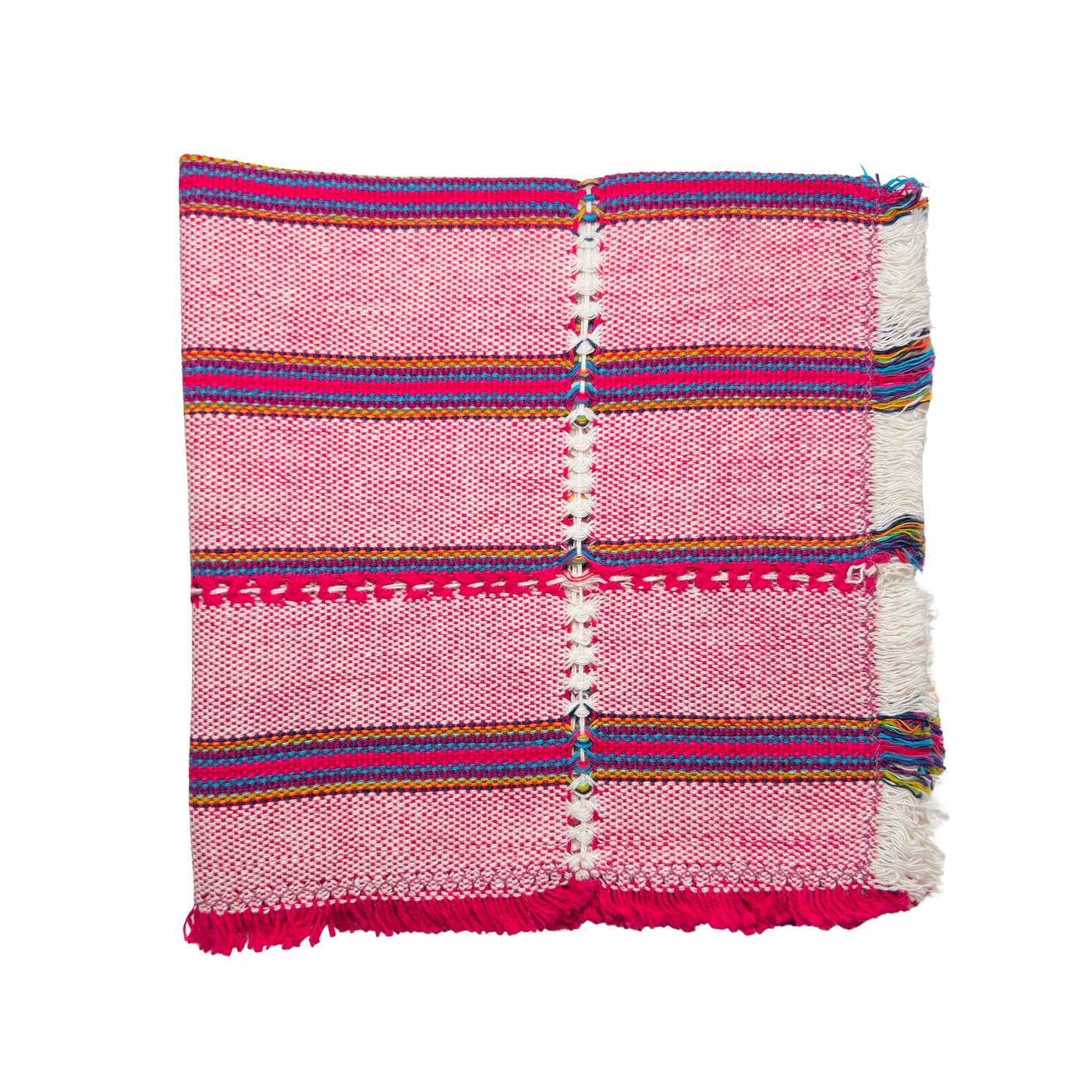 Dark fuschia striped handwoven napkin with small stripes of yellow, blue, green and natural.