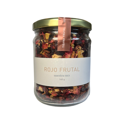 160 gram clear jar of loose leaf tea and dried fruit. Tea leaves and fruit are various shades of red, pink and purple.