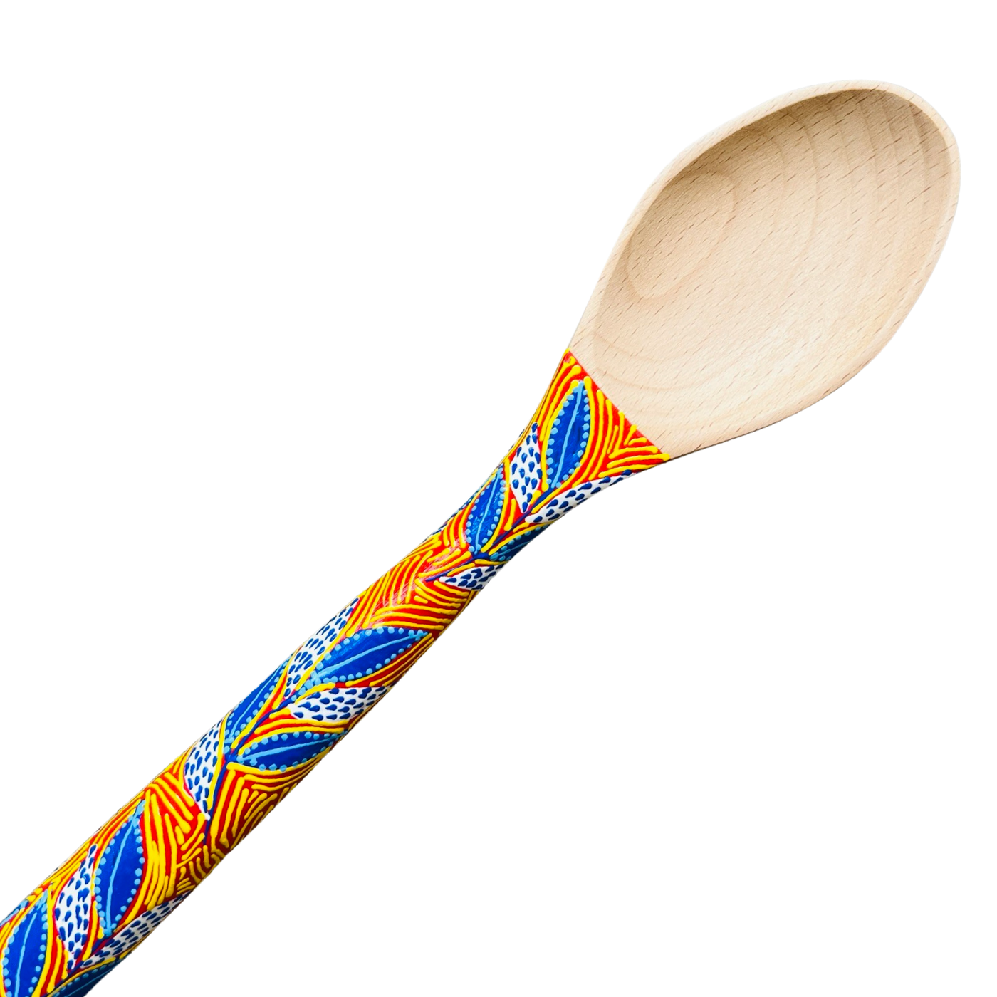 close up view of a wooden spoon with a orange painted handle that features a yellow and blue design