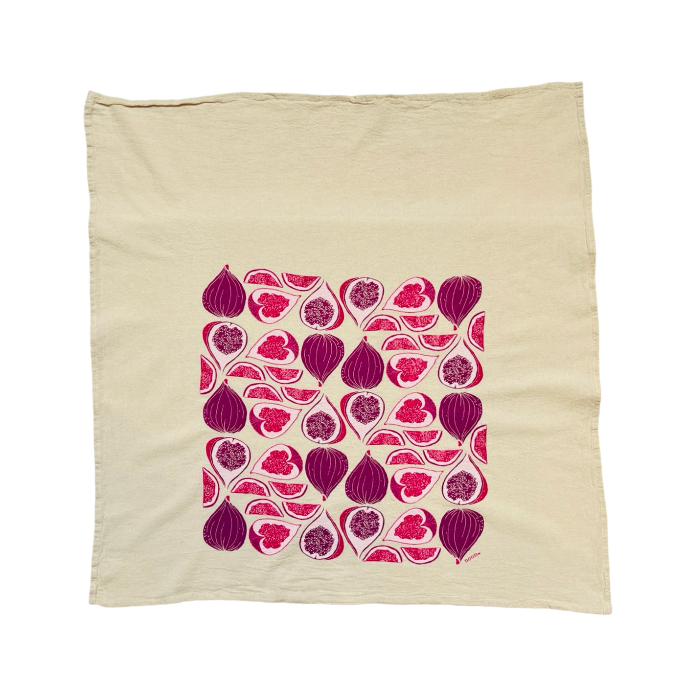 natural flour sack towel with a purple and pink fig pattern design