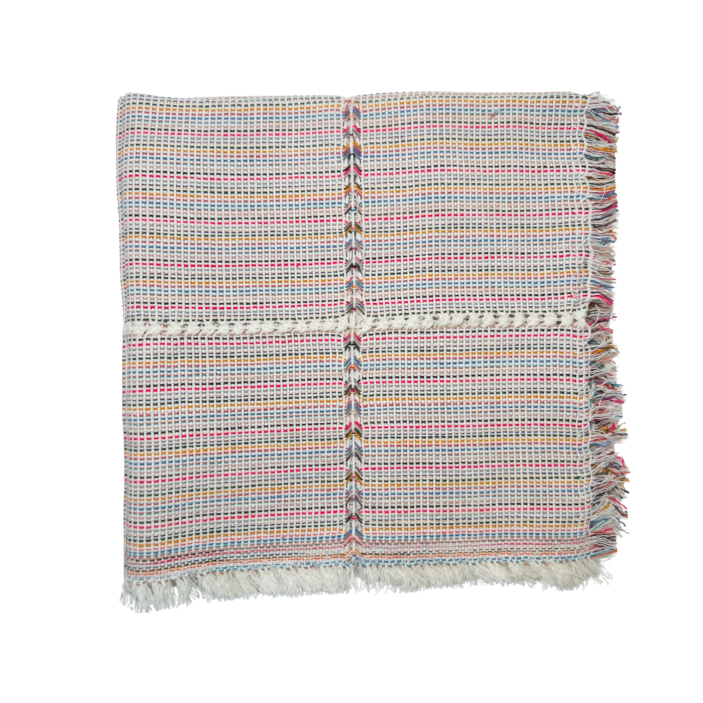 natural multi-colored striped handwoven napkin folded in quarters. Thin stripes consist of the following colors: red, tan, light blue, black, beige