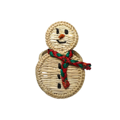 A handcrafted snowman napkin ring made from woven natural fibers, featuring a cheerful face, black button accents, and a braided red and green scarf for a festive touch.