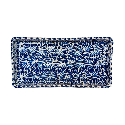 top view of a blue and white Puebla design ceramic dish