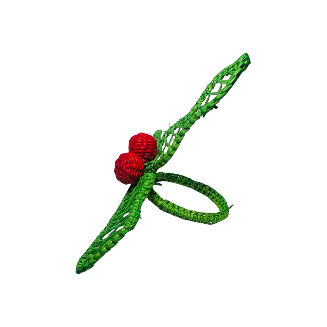 side view of A handcrafted holly berry napkin ring featuring green woven holly leaves and bright red braided berries, made from natural fibers, ideal for festive holiday table settings.