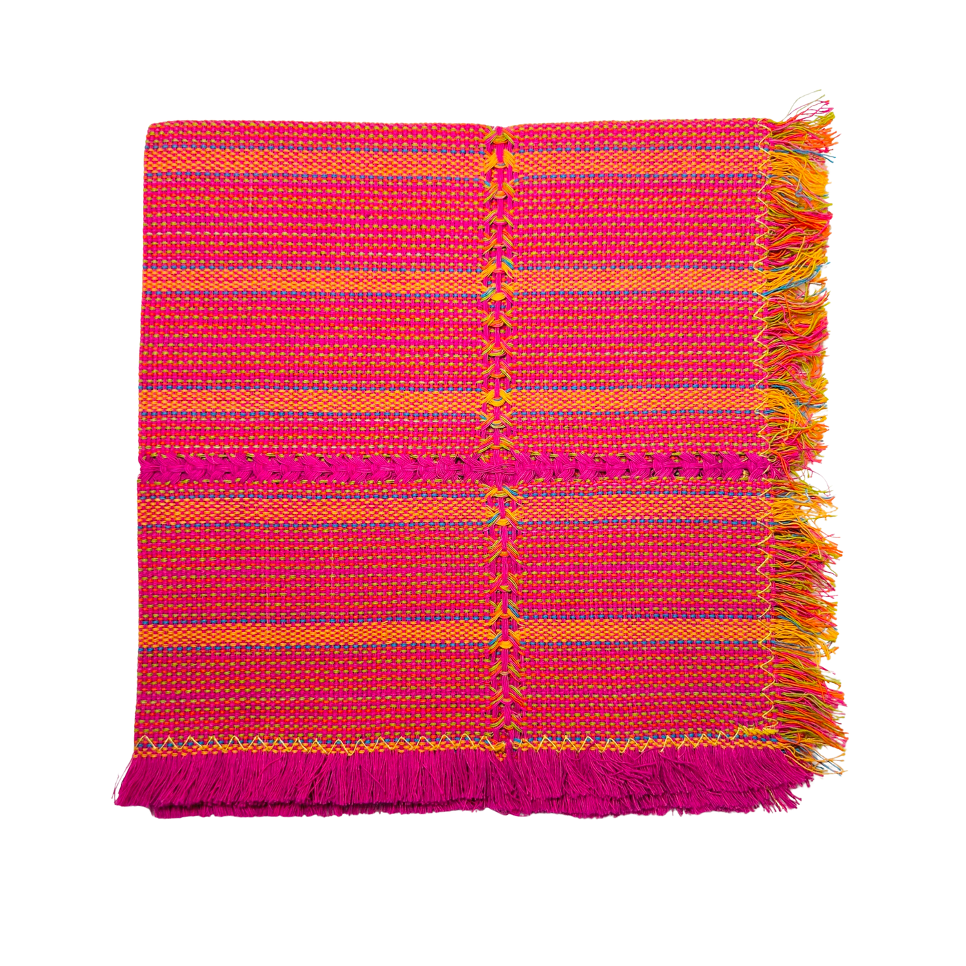 pink, orange and light blue striped handwoven napkin folded in quarters.