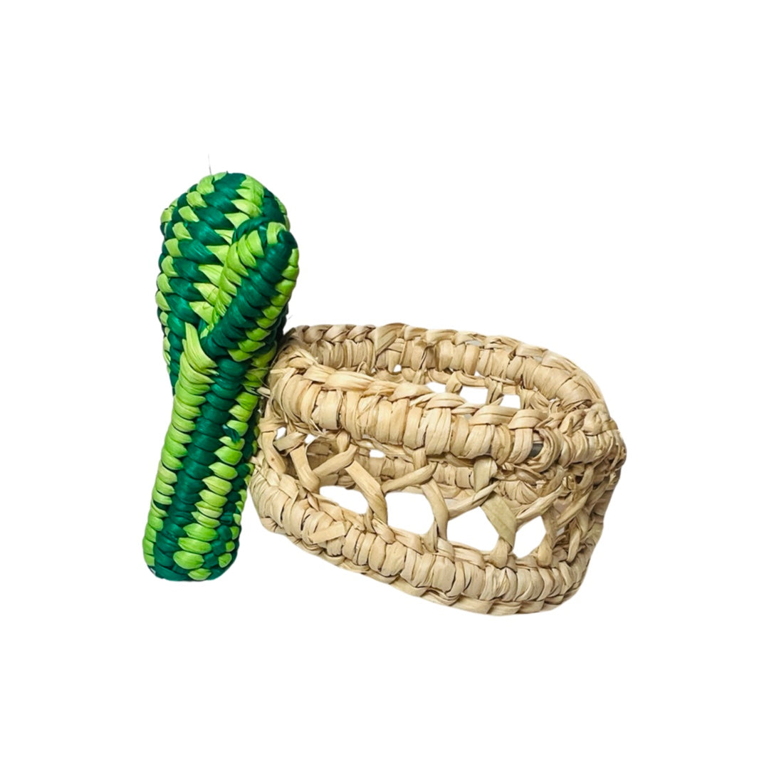 side view of a green cactus shaped iraca fiber napkin ring