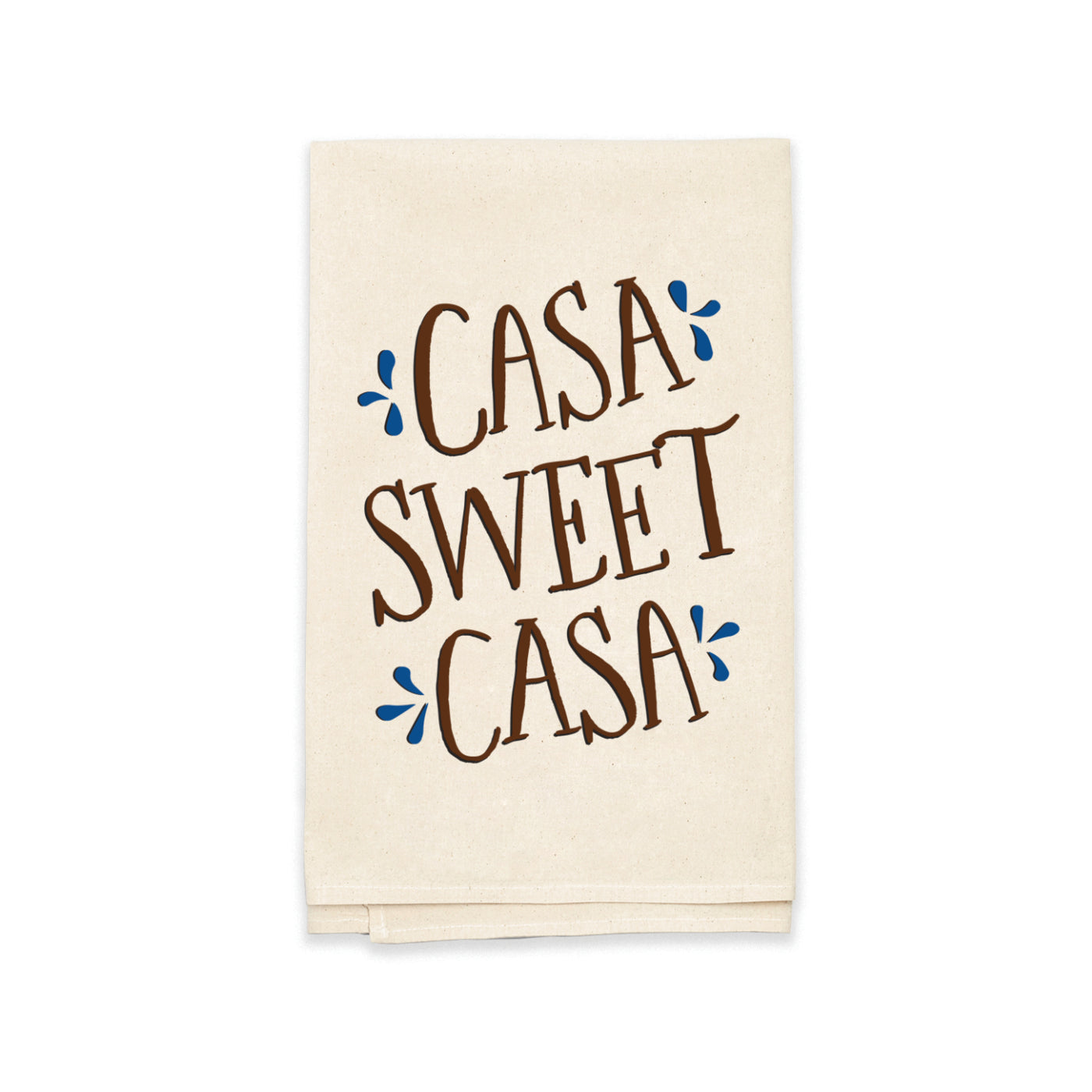 beige towel with the phrase Casa Sweet Casa in brown lettering with blue accents.