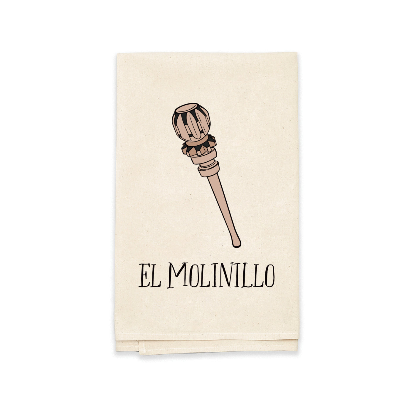 El Molinillo Tea Towel features an illustration of a wooden molinillo and reads "El Molinillo" underneath"