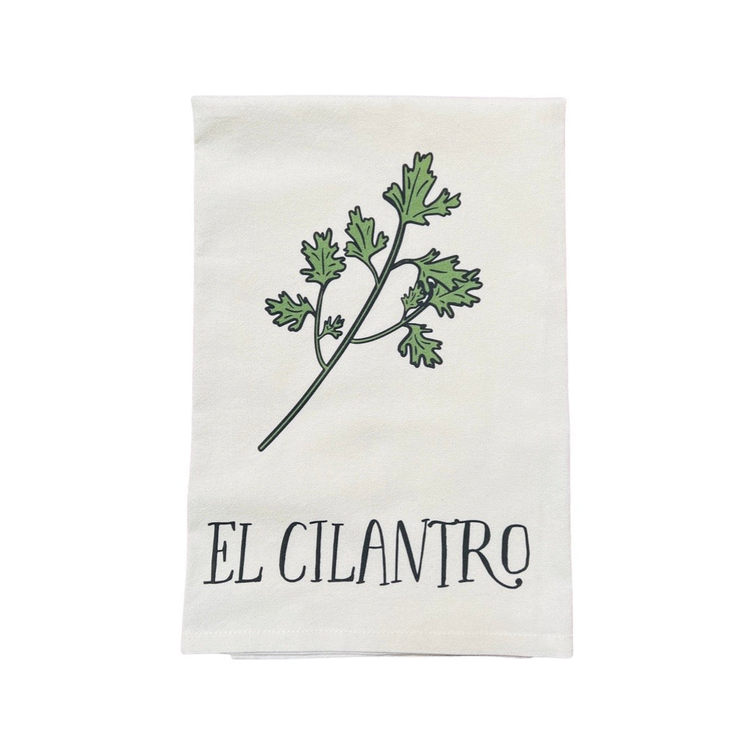 El Cilantro Tea Towel features an illustration of a cilantro stem and reads "El Cilantro" underneath"