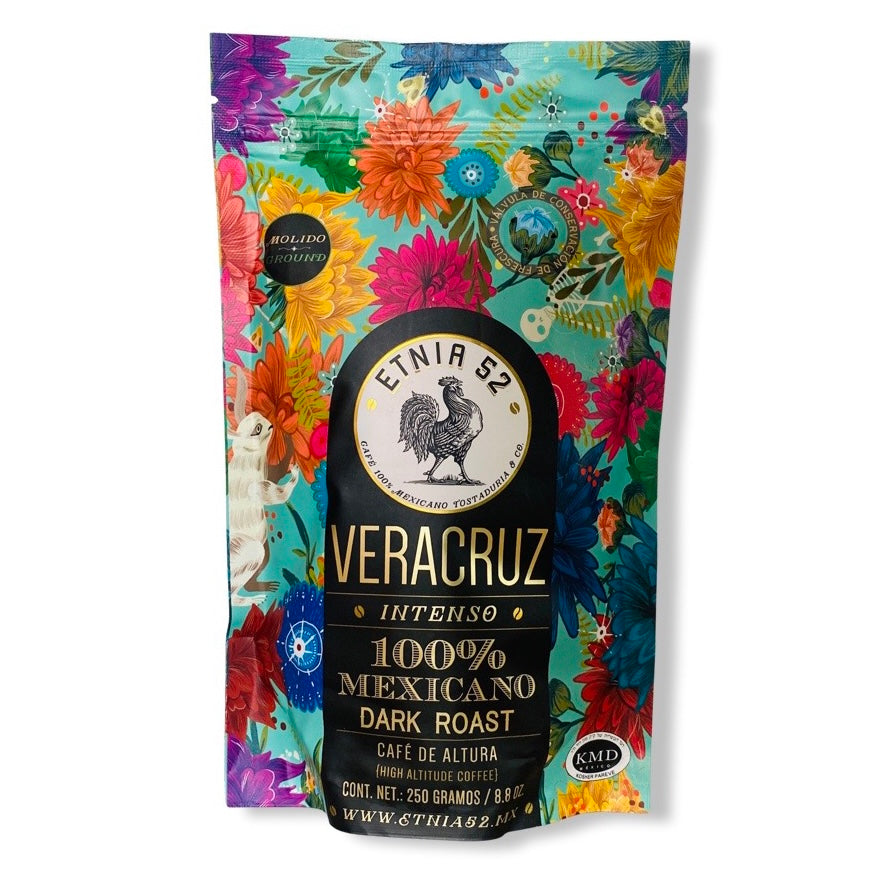 Front view of Etnia 52 Mexican Coffee - Veracruz packaged inside colorful packaging with zipoc style closure