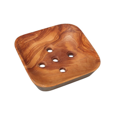 square shaped soap dish carved from wood with drain holes