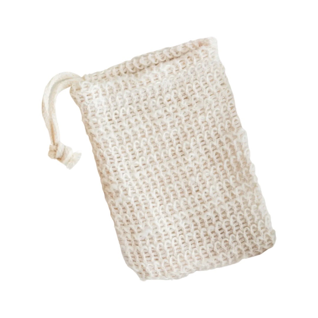 White woven soap bag with tie string