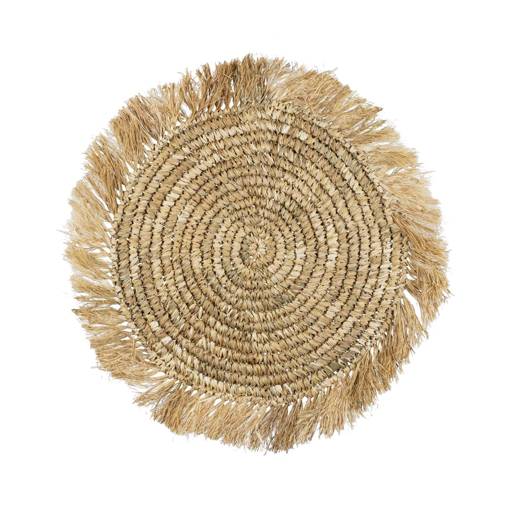 Circular natural color placemat with fringe around edges