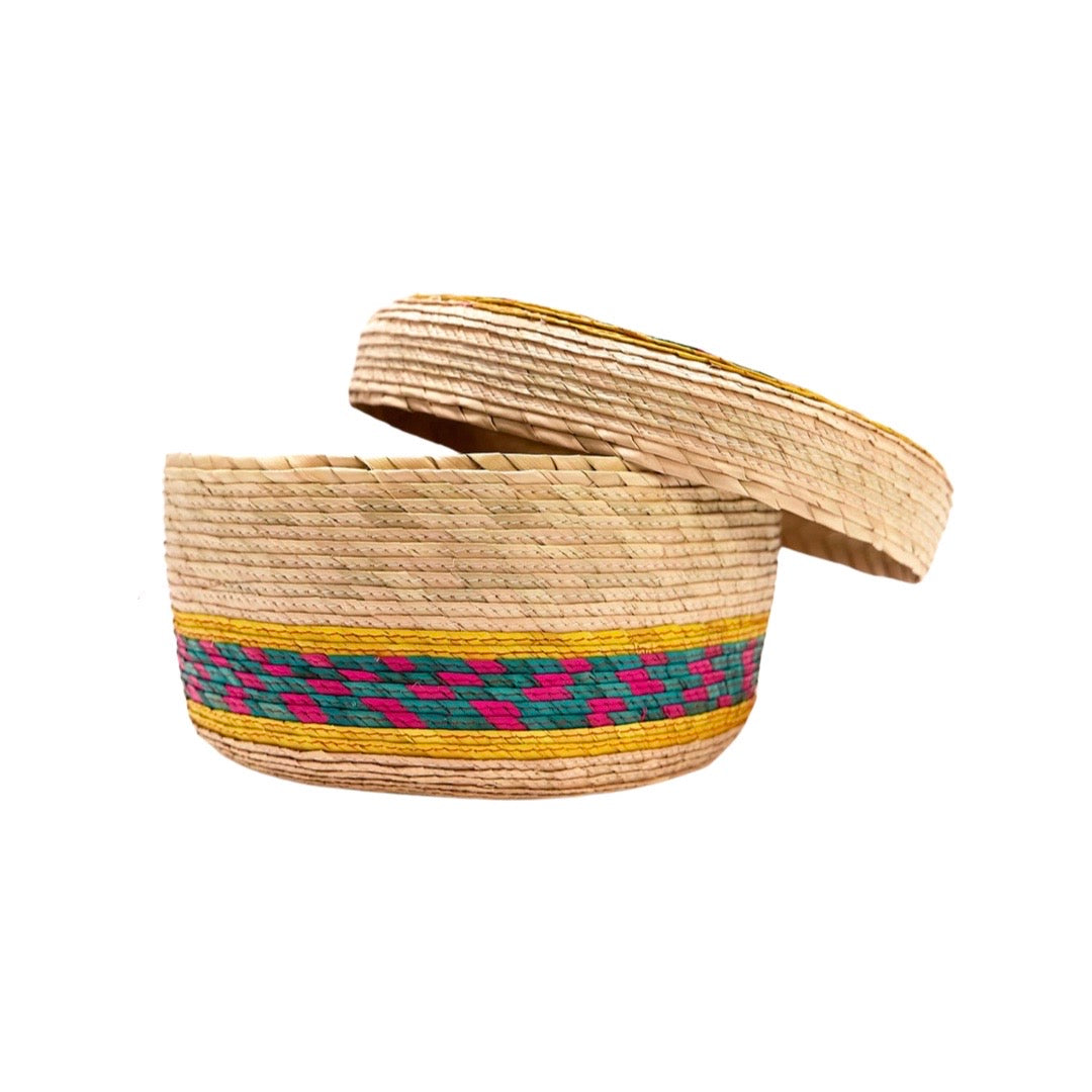 front view of Palm Tortilla Basket with lid slightly ajar