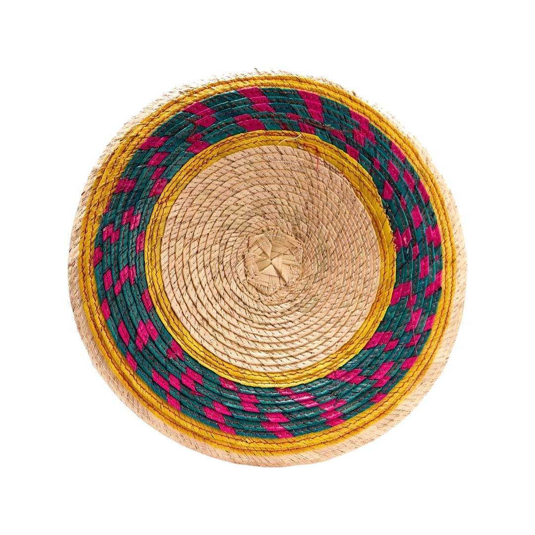 top view of Palm Tortilla Basket lid with colorful design